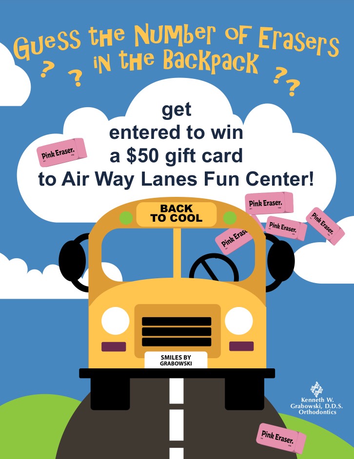 Flyer for August 2018 contest: guess the number of erasers in the backpack at the front desk and be entered to win a $50 gift card to Airway Fun Center.